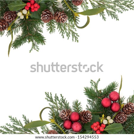 Christmas floral background border with red baubles, holly, ivy, mistletoe, pine cones and winter greenery over white background.