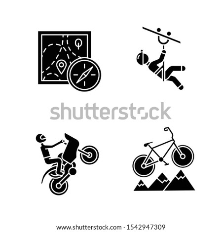 Extreme sports glyph icons set. Foot orienteering. Navigation equipment. Zipline, canopy tour. Motocross racing. Cross-country biking. Silhouette symbols. Vector isolated illustration
