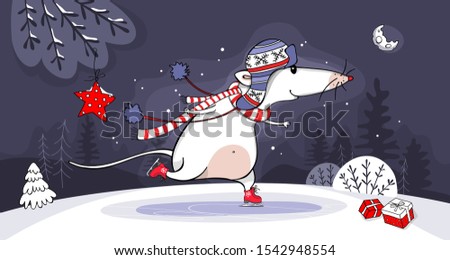 Year of the rat lunar calendar. Funny rat in a striped scarf, in a knitted hat, in skates under the star and moon. Merry Christmas and New Year card, hand drawn style print. Vector illustration.