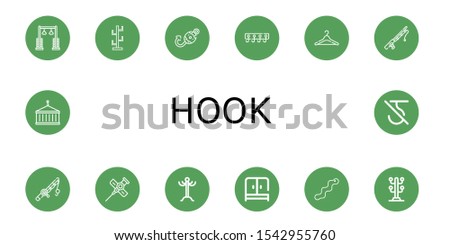 Set of hook icons. Such as Pulley, Coat stand, Fish hook, Hooks, Hanger, Fishing rod, Cannula, Coat rack, Wardrobe, Worm, Crane, Do not use hook , icons