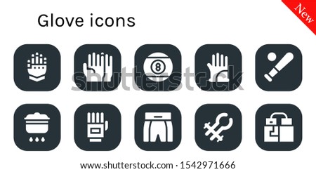 glove icon set. 10 filled glove icons.  Collection Of - Gauntlet, Gloves, Billiard, Baseball, Cooking, Boxing shorts, Tongs icons