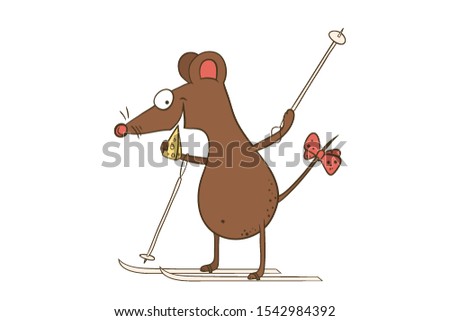 cartoon character-funny mouse goes skiing with a piece of cheese-the symbol of the year of the rat on the Chinese calendar