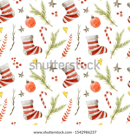 Watercolor pattern of Сhristmas-tree, branch, Christmas bauble and bow. Hand-drawn Christmas pattern isolated on the white background