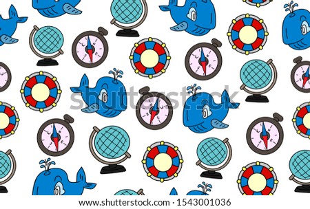 Colorful vector seamless background with handwritten marine equipment, fish and sea accessories