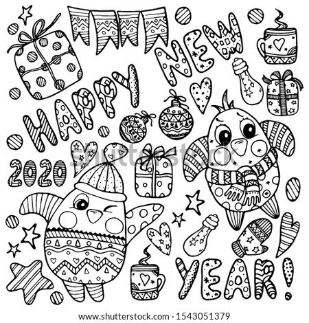 Christmas hand drawn vector cartoon  coloring book for children and adults. Penguins, Christmas decorations, gifts, cups of hot tea and lettering: HAPPY NEW YEAR. A doodle cute graphic design.
