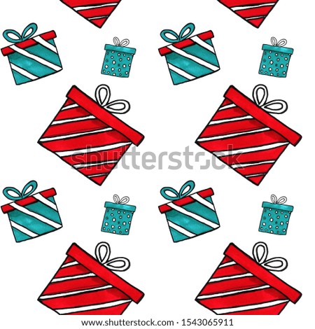 watercolor holiday presents illustration, wrapped gift boxes, birthday party christmas design elements seamless pattern