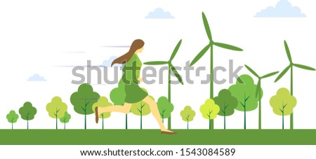 Woman and her dog are running in city parks. Paper art vector illustration