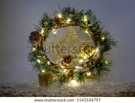 Green Holiday Garland Wreath with Pine Cones and Fairy Lights