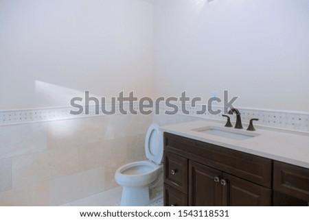 Modern home toilet interior with marble washbasin