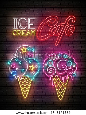 Vintage Glow Poster with Different Ice Cream in Waffle Cones and Inscription. Neon Lettering. Template for Flyer, Banner, Invitation. Seamless Brick Wall. Vector 3d Illustration. Clipping Mask