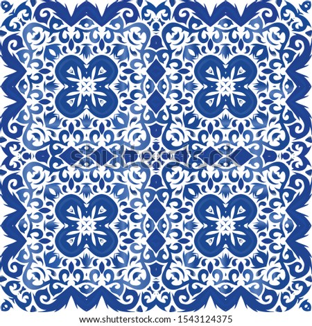 Ornamental azulejo portugal tiles decor. Minimal design. Vector seamless pattern concept. Blue gorgeous flower folk print for linens, smartphone cases, scrapbooking, bags or T-shirts.