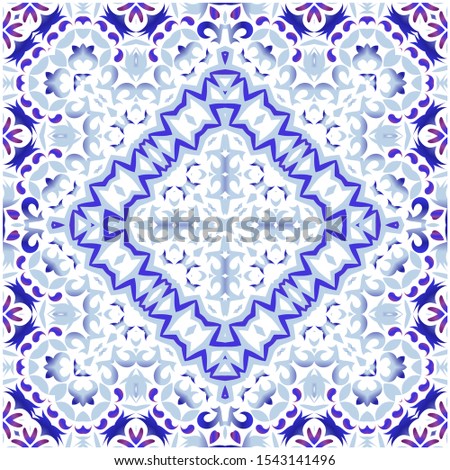 Antique portuguese azulejo ceramic. Colored design. Vector seamless pattern flyer. Blue floral and abstract decor for scrapbooking, smartphone cases, T-shirts, bags or linens.