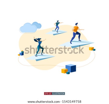 Trendy flat illustration. People fly on paper airplanes. Teamwork concept. Globalization. International business. Competition. Goal achievement. Template for your design works. Vector graphics.