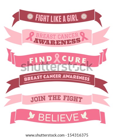 A set of pink Breast Cancer Awareness banners and ribbons isolated on white.
