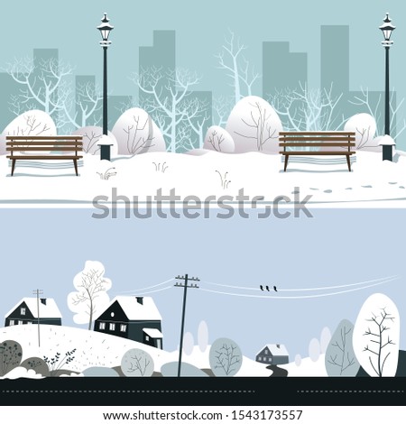 Winter landscapes, empty park and village, benches and houses vector. Bare trees and snow, streetlight and cottages, wires and road or highway. Countryside view or city garden alley, cold weather