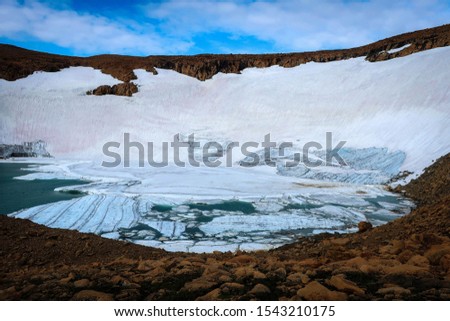 Romantikov glacier scenic view by summer, Polar Ural mountains, Russia