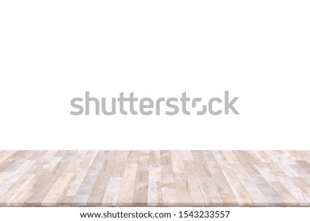 Wood table top isolated on white background. Used for product placement or montage.