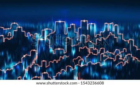 Blur background of smart network and Connection technology concept, Abstract graphic of Tokyo digital city at night in Japan, Panorama view