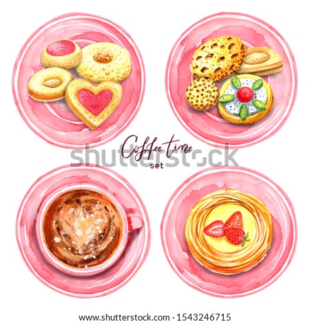 Clip art set  Coffee time - coffee cup, cakes,
 love heart,strawberry cup cakes, cookies, cream 
cakes. Hand painted in watercolor.
