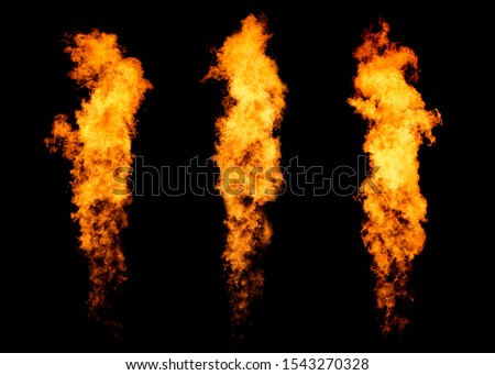 Set of three fire jets isolated on black, flame collection Royalty-Free Stock Photo #1543270328