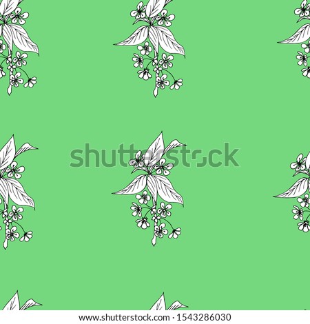 Sketch of a branch of a blossoming apple tree, cherry on a green background. Seamless background. Hand-drawn. Soft color, vector illustration.