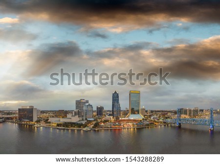 Jacksonville skyline at sunset, beautiful panoramic view of Florida.