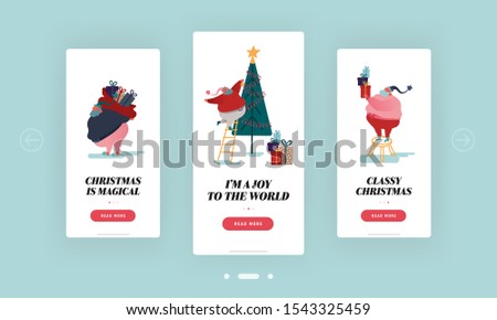 Christmas, New Year Season Mobile App Page Onboard Screen Set. Fat Santa Claus Decorating Christmas Tree. Sack with Gifts and Present Concept for Website or Web Page, Cartoon Flat Vector Illustration