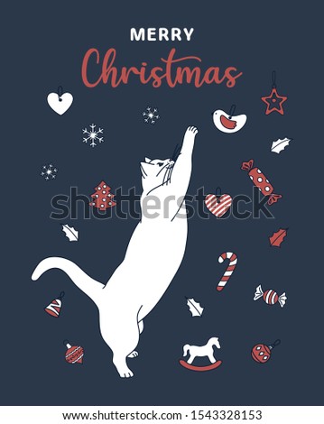 Cute white cat playing with toys. Good for Christmas greeting card, party invites, nursery, posters. Winter vector illustration.