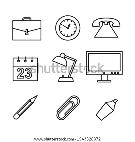 ofis tools set bag o’clock telephone calendar lamp computer pencil clip paper whitening icon in flat style isolated. Vector Symbol illustration.