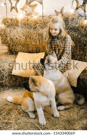 The girl on the background of the barn with the puppies