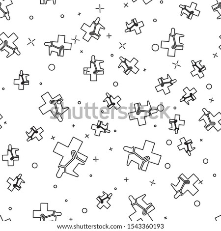 Black Veterinary clinic symbol icon isolated seamless pattern on white background. Cross with dog veterinary care. Pet First Aid sign