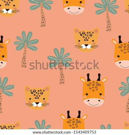 Seamless pattern with Cheetah, giraffe, cactus and palm trees on colored background. Vector illustration for printing on fabric, postcard, wrapping paper, book, picture, Wallpaper.Cute baby background