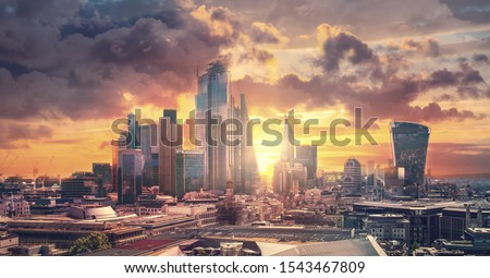 City of London skyscrapers and sunset. Beautiful dramatic sky, London, UK