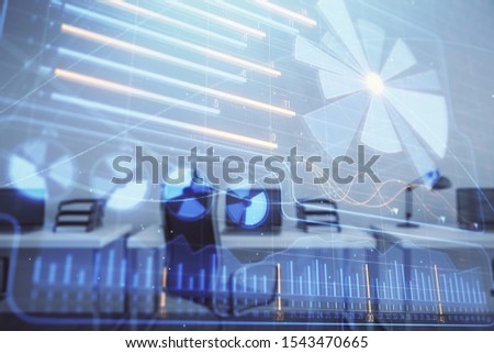 Business theme drawing with office interior background. Double exposure. Concept of success.