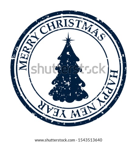 Merry Christmas and Happy New Year grunge dirty post stamp Xmas tree icon isolated on white vector