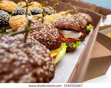Hamburgers in different colors with meat, fish, vegetables. Nice looking food in the box at the party.