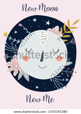 Cartoon style moon with flower elements and stars. New Moon New Me. Card, new year resolution.