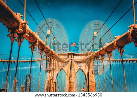 View of  Brooklyn Bridge, across the East River between Manhattan and Brooklyn. New York, USA.