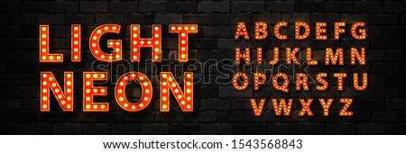 Vector realistic isolated marquee light bulb neon font for template decoration and invitation covering on the wall background. Concept of broadway and show. Royalty-Free Stock Photo #1543568843