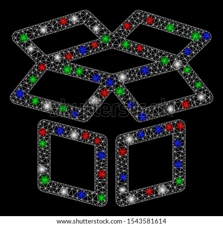 Bright mesh box with glare effect. White wire frame triangular network in vector format on a black background. Abstract 2d mesh designed with triangular lines, dots, colorful glare spots.