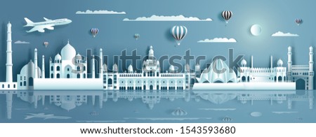 Travel India with ancient and modern building with Water reflection. Business brochure modern design.Travelling city to landmarks of asia with architecture and cityscape background.Vector illustration