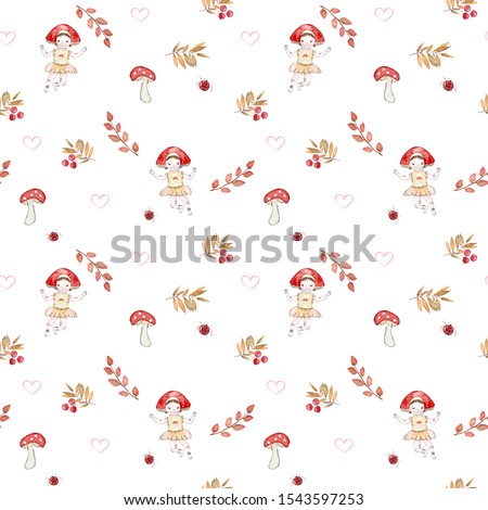 Smiling dancing baby girl with an amanita mushroom costume, autumn leaves and red berries, lady bugs. Isolated watercolor seamless pattern.