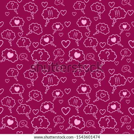 pattern pink hearts, question marks, exclamation poins in clouds comic book style on a crimson background