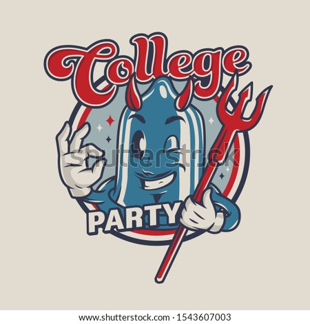 Vintage college party colorful logo with devil condom funny character showing okay sign isolated vector illustration