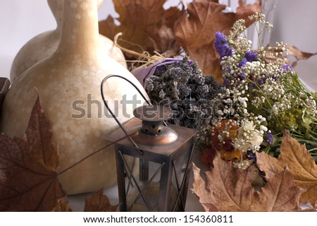 Lavender, Dry Flower Bouquet and Pumpkin. Still Life Composition