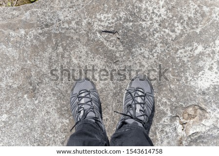 men's trekking shoes, top view, footwear, is on the rock and grass