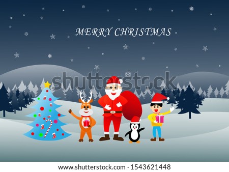 Vecter Illustration Merry Christmas in the nighttime on BackGround scene Snow, Cartoon Cute to celebrate Christmas  With Santa Claus  Reindeer including a boy and penguin.