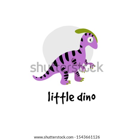 Cute vector cartoon illustration of dinosaur. Parasaurolophus.  Inscription Little dino