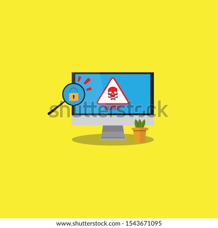 Internet phishing, hacking internet social network concept. Unlock padlock icon with magnifying glass on computer screen with exclamation mark and alert text. Vector illustration.