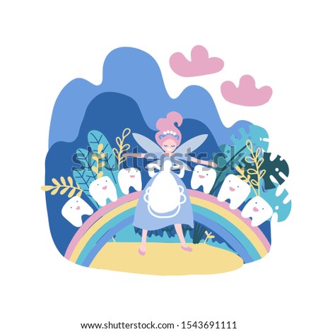 The little girl princess with tooth among the clouds on a rainbow Vector illustration on the theme of children. Tooth Fairy in the clouds. Magic flat hand drawn vector illustration